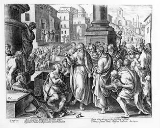 Saints Paul et Barnabas prêchant à Lystre, gravé par P. Galleus